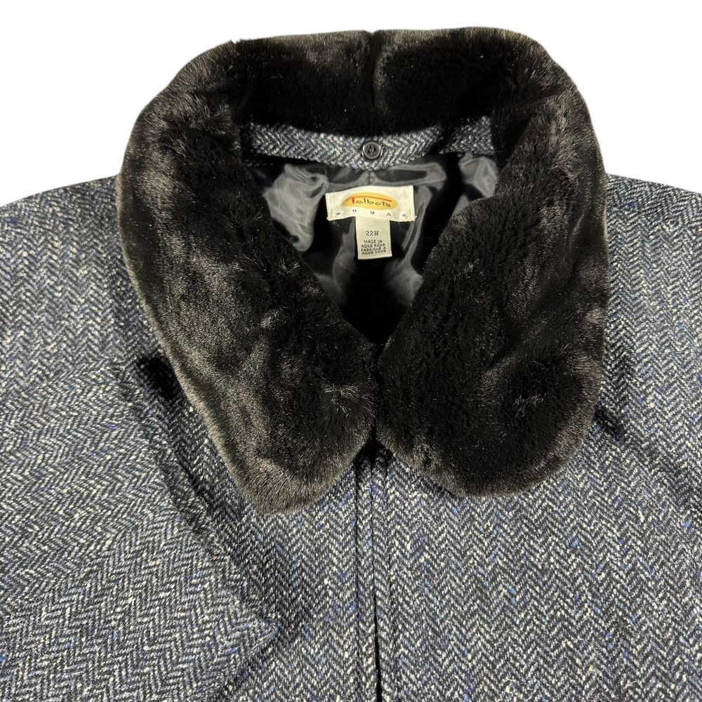 Vintage Talbots Wool Jacket Womens 22W Herringbone Silk Coat Faux Fur Retro Glam